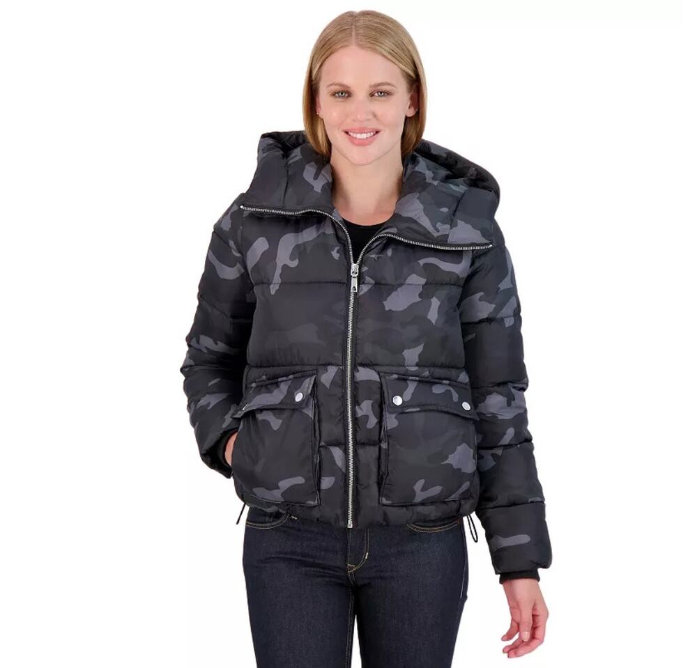 Sebby Hooded Crop Puffer Jacket Black Camo Full Zip Outdoor Gorp Womens Size M